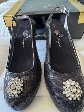 Joan Boyce Black Sequin Slingback Heels with Crystal Brooch -Size 9 (worn once)